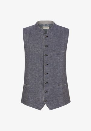 Dark blue, sleeveless vest made of a textured fabric, featuring a stand-up collar, six buttons, and one front pocket.