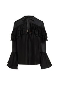 Bluză neagră cu volane suprapuse, guler înalt cu închidere prin legare și mâneci evazate, confecționată dintr-un material fin și ușor.