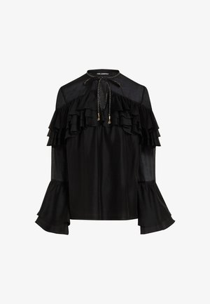 Čierna blúzka s vrstvenými volánmi, vysokým výstrihom s viazaním a rozšírenými rukávmi z hladkej a ľahkej tkaniny.