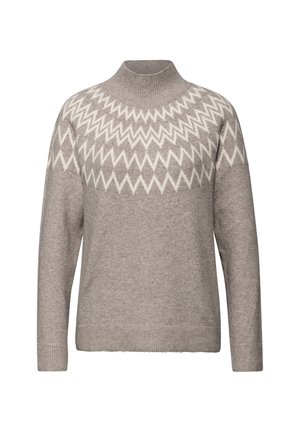 Maglione grigio chiaro con collo alto, caratterizzato da un motivo a zigzag bianco sul petto. Realizzato in un morbido tessuto a maglia testurizzata.
