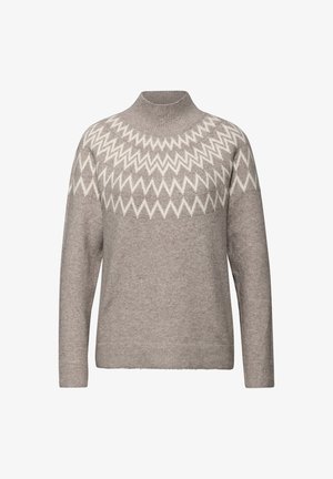 Pull gris clair avec col montant, présentant un motif en zigzag blanc sur la poitrine. Fabriqué à partir d'un tissu tricoté doux et texturé.