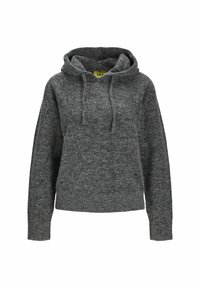Felpa grigia con cappuccio realizzata in tessuto morbido e strutturato. Presenta una tasca frontale e lacci di regolazione. Fit rilassato con polsini e orlo a coste.