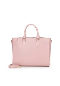 Pink synthetic handbag with double handles, zip closure, and detachable shoulder strap. Smooth texture, minimalist design, and gold-tone hardware accents.