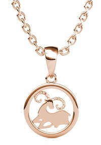 Roze gouden ketting met een ronde hanger met een silhouet van een geit, dat ingewikkelde details in de hoorns toont en een gladde afwerking heeft.