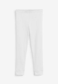 Fehér leggings rugalmas pamut anyagból, testhezálló fazonnal és bokáig érő szegéllyel a kényelmes illeszkedés érdekében. Egyszerű, minta nélkül.
