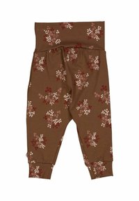 Bruine katoenbroeken met bloemenprint in roze en wit, met een zachte, elastische tailleband en taps toelopende boorden bij de enkels.