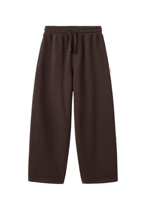 Donkerbruine sweatpants met losse pasvorm, elastische tailleband en trekkoord op een witte achtergrond.