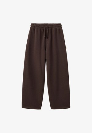 Donkerbruine sweatpants met losse pasvorm, elastische tailleband en trekkoord op een witte achtergrond.