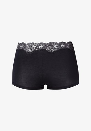 Boxer en tissu doux de couleur noire. Il est doté d'une ceinture en dentelle noire décorative avec des bords festonnés. Détail de découpe au centre.