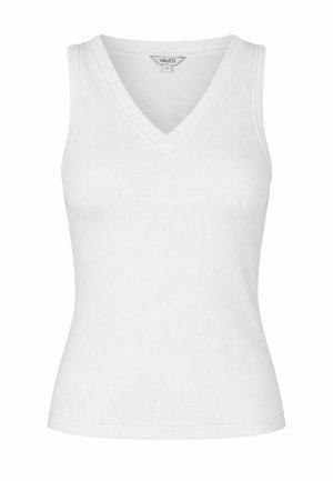 Weißes ärmelloses geripptes Damen-Top mit V-Ausschnitt, figurbetonter Stil, kleines Größenschild sichtbar im inneren Ausschnitt.