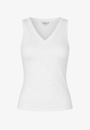 Weißes ärmelloses geripptes Damen-Top mit V-Ausschnitt, figurbetonter Stil, kleines Größenschild sichtbar im inneren Ausschnitt.