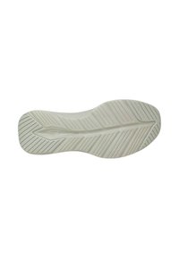 Suola di una scarpa atletica bianca con superficie texturizzata, forma curva e scanalature diagonali per una migliore aderenza. Il marchio è visibile vicino al tallone.