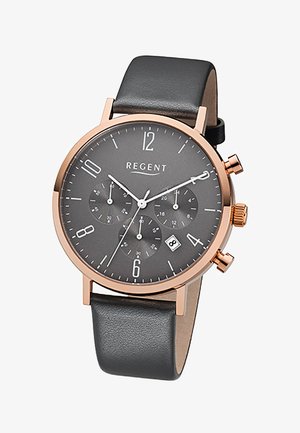 Chronograph-Armbanduhr mit Gehäuse aus Roségold, grauem Zifferblatt, schwarzem Lederarmband, drei Hilfszifferblättern, weißen Markierungen und Datumsfenster bei 4 Uhr.