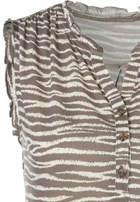 Tričkot s krátkým rukávem z lehkého materiálu s šedobílým pruhovaným vzorem, se volánovými okraji a zapínáním na knoflíky u výstřihu.