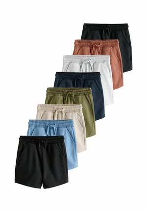 Siedem par krótkich spodenek z elastycznym pasem i sznurkiem w kolorach: czarnym, rdzawym, szarym, granatowym, oliwkowym, beżowym i niebieskim, ułożonych w przesunięty stos.