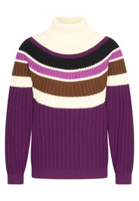 Lila ruggad polotröja med flerfärgade horisontella ränder i kräm, brunt, svart och nyanser av lila. Mjuk textur.