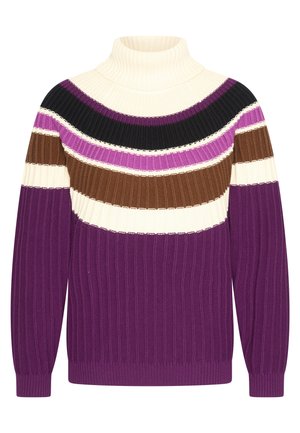 Purpurowy sweter z golfem o prążkowanej fakturze, z poziomymi paskami w kolorach kremowym, brązowym, czarnym i odcieniach purpury. Miękka tekstura.