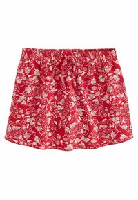 Rød blomstret skorts lavet af letvægtsstof. Har en elastisk talje med snøre. Glat tekstur, længde over knæet.