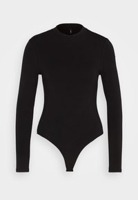 Schwarzer langärmeliges Bodysuit aus glattem Stoff, mit hohem Ausschnitt und einem Tanga-Schnitt am unteren Ende. Einfaches, tailliertes Design.