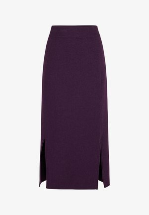 Kardiganowa, fioletowa spódnica midi o dopasowanej talii, z dwoma bocznymi rozcięciami dla swobody ruchów, subtelną fakturą i gładkim wykończeniem.