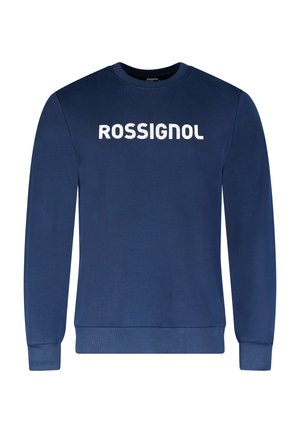 Marineblaues Sweatshirt mit langen Ärmeln und weißem "ROSSIGNOL"-Text mittig auf der Brust, mit gerippten Bündchen und Saum.