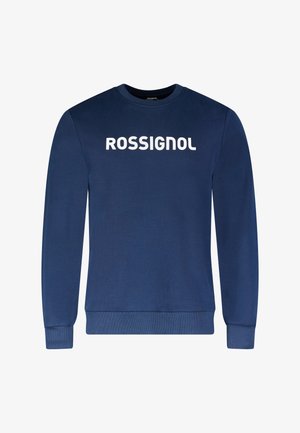 Marineblauwe sweatshirt met lange mouwen en witte "ROSSIGNOL" tekst gecentreerd op de borst, voorzien van geribbelde manchetten en zoom.
