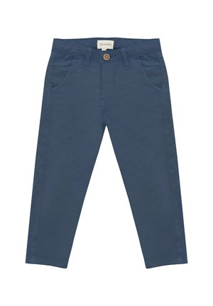 Chinos de algodón azul marino con bolsillos frontales, un cierre de botón marrón único y una textura suave. Ajuste recto, diseño hasta los tobillos.