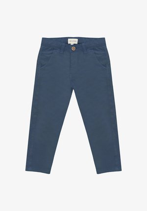 Chinos de algodón azul marino con bolsillos frontales, un cierre de botón marrón único y una textura suave. Ajuste recto, diseño hasta los tobillos.