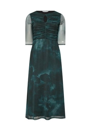 Vestido midi en verde azulado oscuro con medias mangas transparentes, cuerpo fruncido, escote en forma de llave y un sutil patrón floral en la falda.