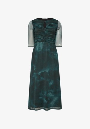 Ciemnoniebieska midi sukienka z przezroczystymi półrękawami, marszczonym górnym częścią, dekoltem w kształcie klucza i subtelny wzorem kwiatowym na spódnicy.