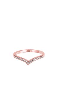 Roséguldig ring i V-form, med en rad av små, glittrande stenar längst fram. Märkt "925" vilket indikerar sterlingsilver.