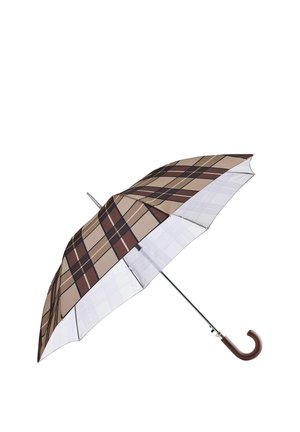 Regenschirm mit braun kariertem Bezug, transparenten unteren Paneelen, Metallstange und gebogenem Holzgriff.