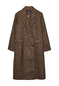 Manteau en laine marron à chevrons avec une fermeture à double boutonnage, des revers en pointe, deux poches avant et une étiquette logo au niveau du cou.