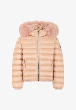 Lichtroze gewatteerde pufferjack met een met bont afgewerkte capuchon, een rits aan de voorkant en twee zijzakken. Heeft ribgebreide manchetten en een horizontaal gewatteerd design.