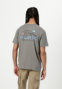 Graues Baumwoll-T-Shirt mit rundem Halsausschnitt, das auf dem Rücken ein buntes Grafikdesign mit dem Text "Billabong Adventure Division" und einem Bergmotiv zeigt.
