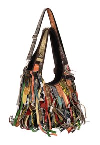 Geantă de mână din piele multicoloră cu franjuri lungi și texturate, având diverse modele. Curea de umăr maro cu elemente reglabile.