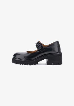 Pantofi Mary Jane din piele neagră, cu vârful rotund, curea ajustabilă cu cataramă, talpă din cauciuc texturat și toc bloc chunky.