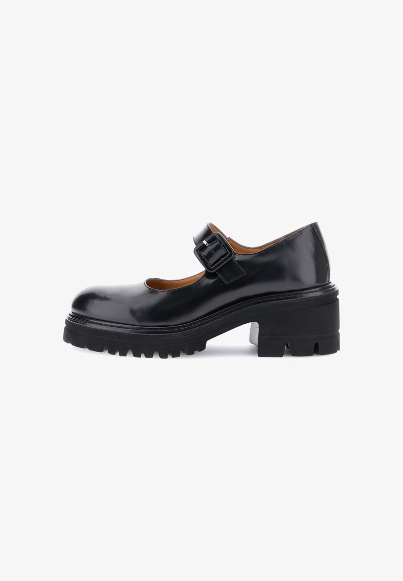 Pantofi Mary Jane din piele neagră, cu vârful rotund, curea ajustabilă cu cataramă, talpă din cauciuc texturat și toc bloc chunky.