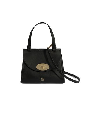 Schwarze Lederhandtasche mit strukturiertem Finish, versehen mit zwei kurzen Griffen, einem abnehmbaren Schulterriemen und goldenen ovalen Verschlussdetails.