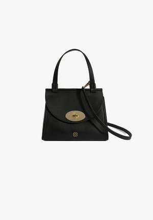 Schwarze Lederhandtasche mit strukturiertem Finish, versehen mit zwei kurzen Griffen, einem abnehmbaren Schulterriemen und goldenen ovalen Verschlussdetails.