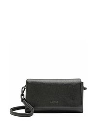 Borsa a pochette in pelle nera con texture liscia, forma rettangolare slim, tracolla staccabile e logo del marchio impresso sul davanti.