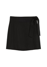 Sort omslagsnederdel med bundet taljedetalje, lavet af et glat stof. Har en lige kant og et enkelt, minimalistisk design.