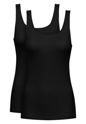 Deux débardeurs noirs en tissu lisse, dotés de larges bretelles et d'un décolleté ras du cou, avec une coupe ajustée.