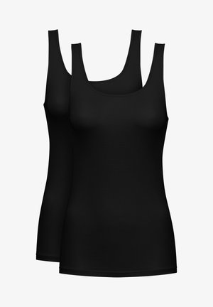 Deux débardeurs noirs en tissu lisse, dotés de larges bretelles et d'un décolleté ras du cou, avec une coupe ajustée.