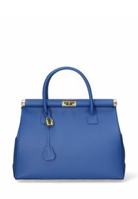 Bolso de piel azul con un diseño estructurado, asas redondeadas y detalles en hardware dorado. Presenta un candado y una superficie texturizada.