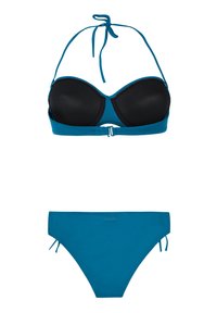 Tamsiai mėlynos spalvos bikini rinkinys su struktūrizuotu, juodu, paminkštintu liemenėlės viršumi, turinčiu kaklo raištį ir užsegimą, bei klasikiniu aukšta juosmens bikini dugnu.