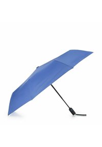 Parapluie bleu avec une toile en tissu lisse, six branches et un manche noir droit. Dispose d'une sangle de fermeture sécurisée pour un rangement facile.