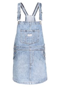 Denim overallklänning i ljusblått, med justerbara axelremmar, framficka, sidoknappar och rak fåll. Slät textur.