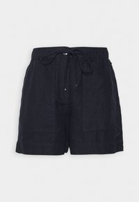 Navy blue linen shorts with a drawstring waistband, two front pockets, and stitched hem. Lightweight texture with a relaxed fit.