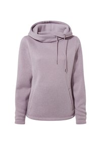 Light purple pullover hoodie with a high cowl neck, drawstrings, long sleeves, and a side pocket. Soft texture with a subtle pattern.